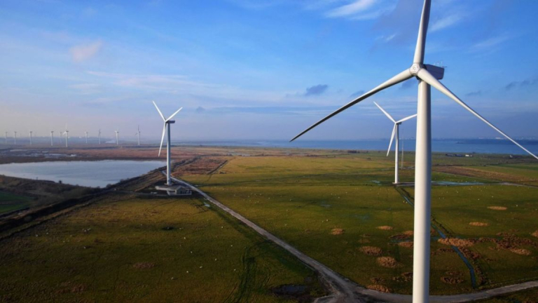 Modern turbines at an operational Belltown Wind Farm